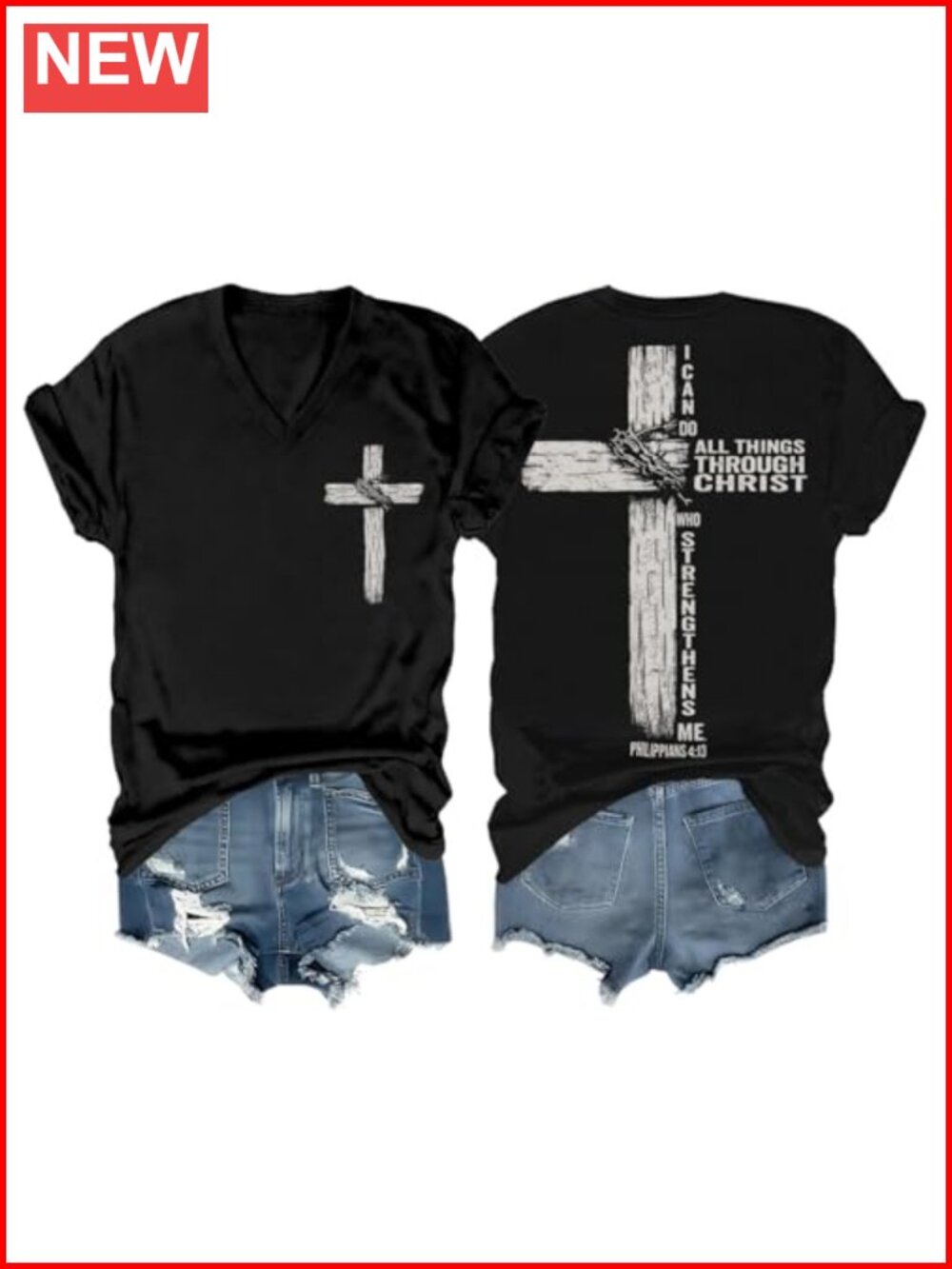 Christian Philippians 4:13 Cross T-Shirt Cotton V-Neck Religious Tee